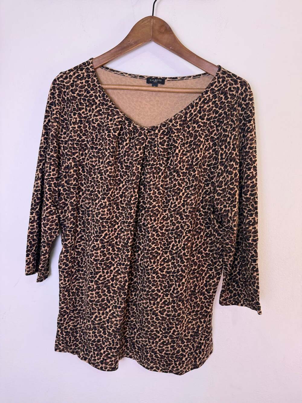 Talbots Woman Leopard Print Top 1X Brown Pleated Scoop Neck 3/4 Sleeves